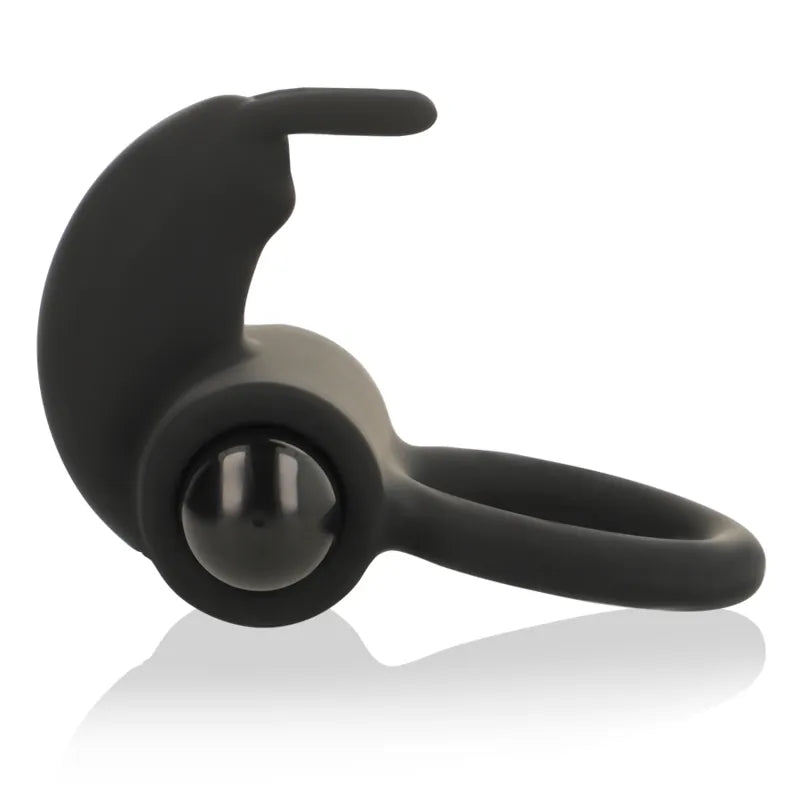 Anneau pénien vibrant noir en silicone hypoallergénique, forme ergonomique, stimulation intense, confort optimal.