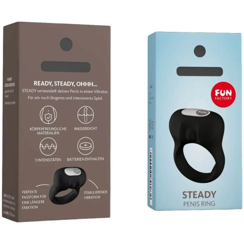 Anneau pénien vibrant noir en silicone médical, forme ergonomique, boîte marron et bleue, trois niveaux de vibration.