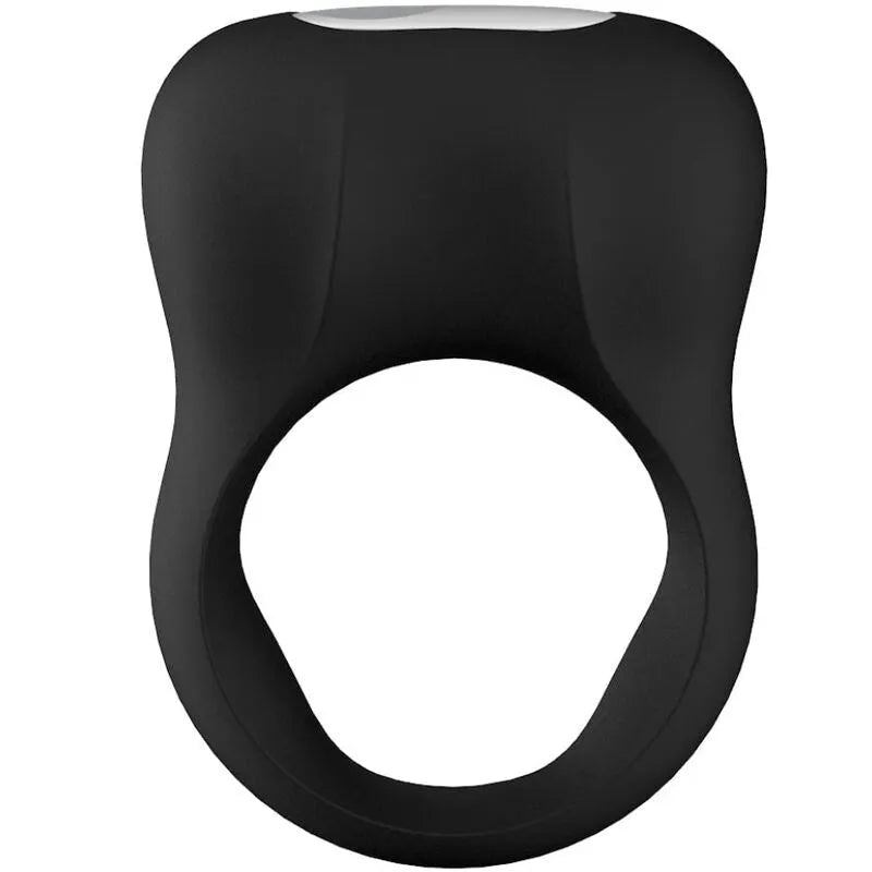 Anneau pénien vibrant noir en silicone médical, forme ergonomique, extensible, avec stimulation clitoridienne intégrée.