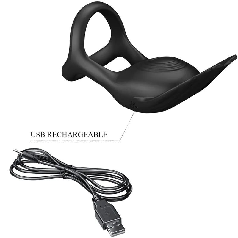 Anneau pénien vibrant noir en silicone, ergonomique, avec câble USB, 7 modes de vibration pour stimulation clitoridienne.