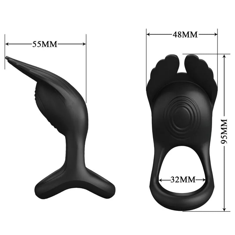 Anneau pénien vibrant noir en silicone, rechargeable USB, avec stimulation clitoridienne, 7 modes, design ergonomique.
