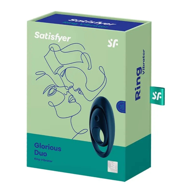 Anneau pénien vibrant bleu en silicone médical, double anneaux pour pénis et testicules, dans un emballage vert.
