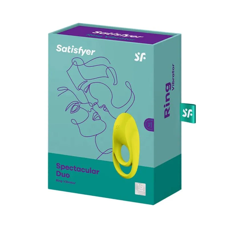 Anneau pénien vibrant jaune en silicone médical avec stimulateur clitoridien, double anneau, sur fond blanc.