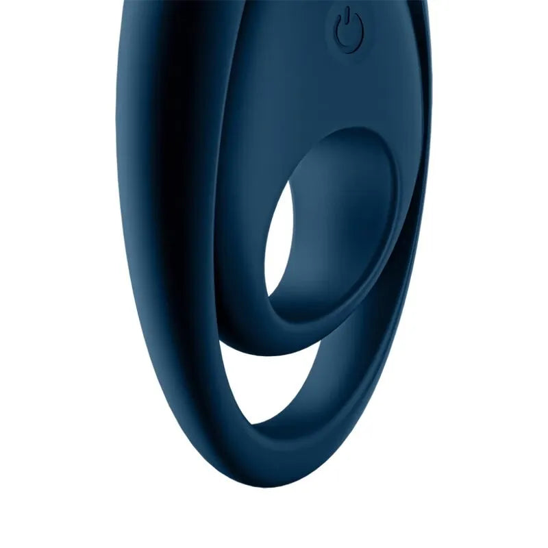Anneau pénien vibrant bleu en silicone médical, double anneaux pour pénis et testicules, bouton de commande visible.