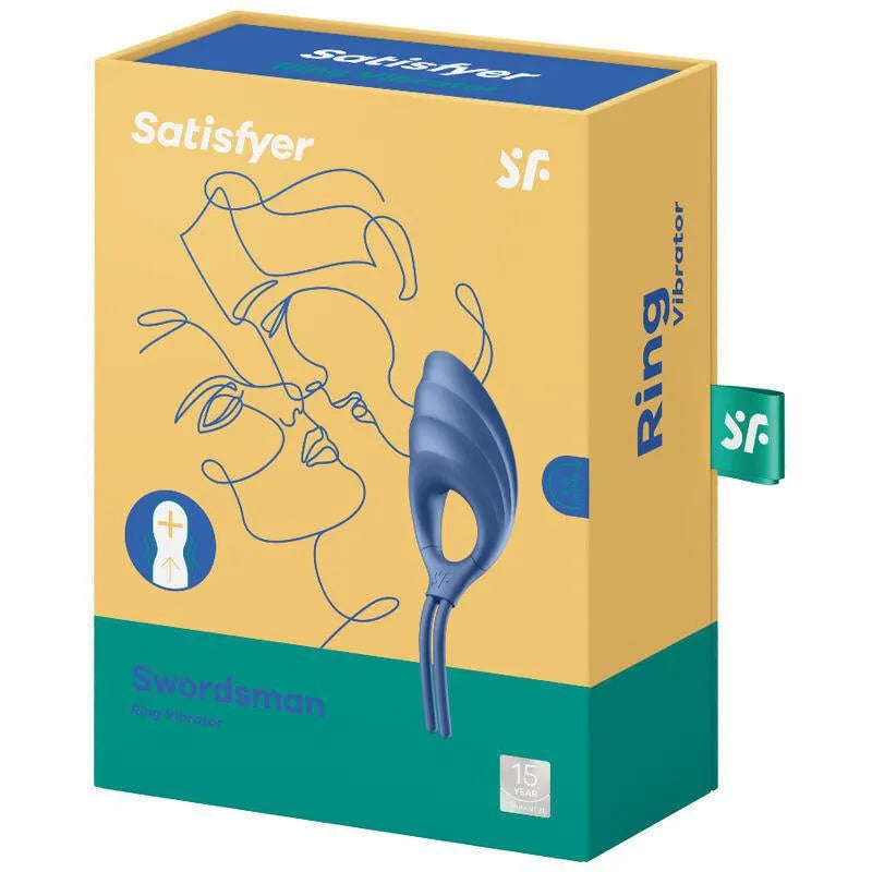Anneau pénien vibrant bleu en silicone réglable, nervuré, étanche, sur fond blanc avec emballage jaune et bleu.