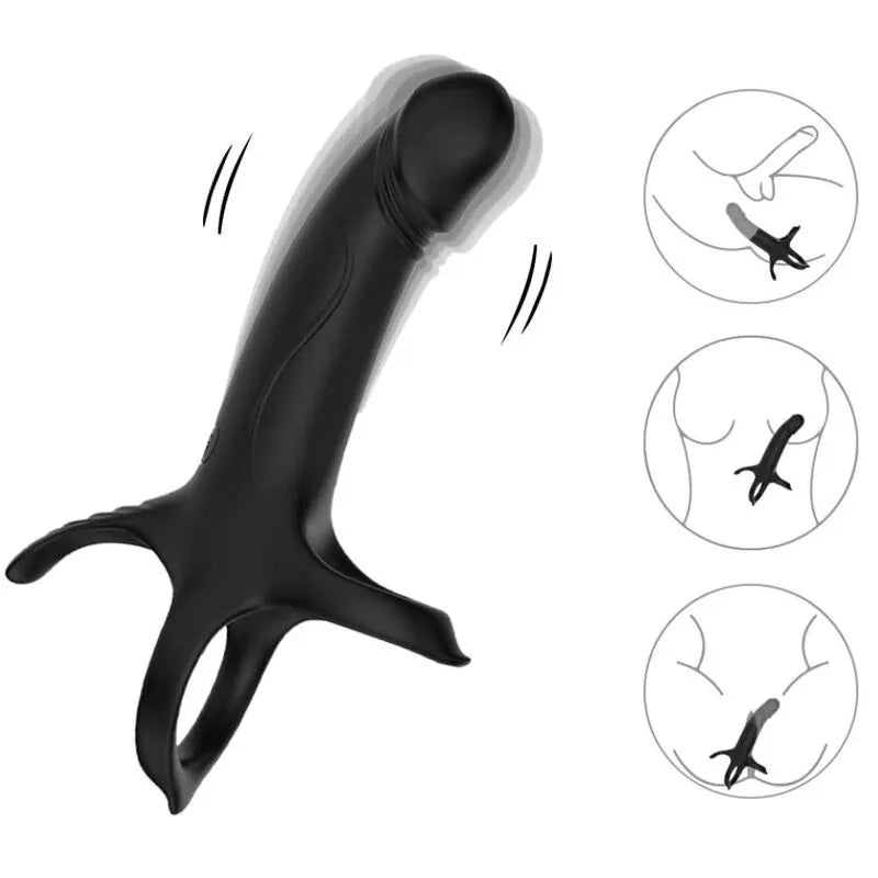 Anneau vibrant noir en silicone médical, forme ergonomique, neuf modes de vibration, rechargeable, hypoallergénique.