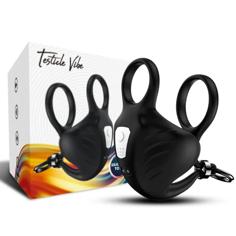Anneau pénien vibrant noir en silicone médical, ergonomique, avec 9 modes, rechargeable USB, présenté avec emballage.