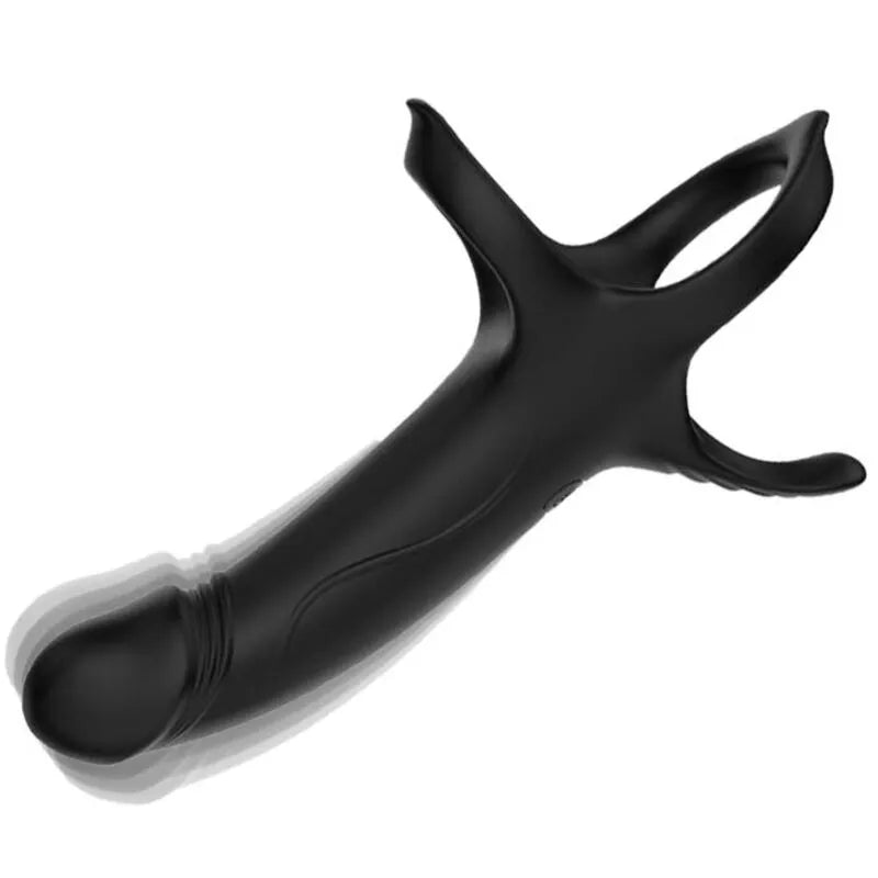 Anneau vibrant noir en silicone médical, forme ergonomique, rechargeable, neuf modes de vibration, étanche.
