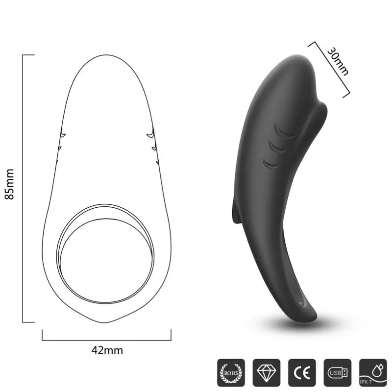 Anneau vibrant noir en silicone médical, étanche, rechargeable, avec 9 modes de vibration, design ergonomique et flexible.