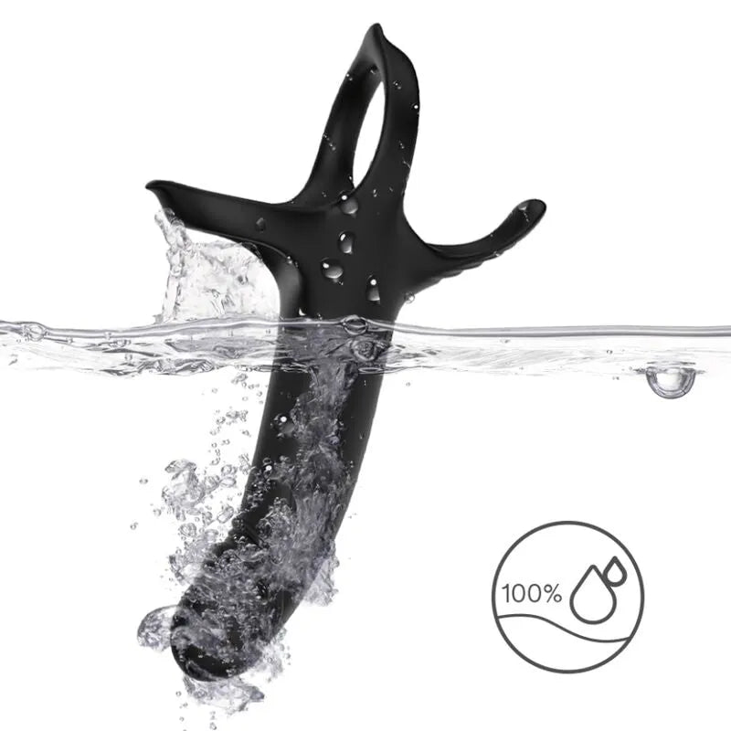 Anneau vibrant noir en silicone médical étanche, immergé dans l'eau, avec design ergonomique et 9 modes de vibration.