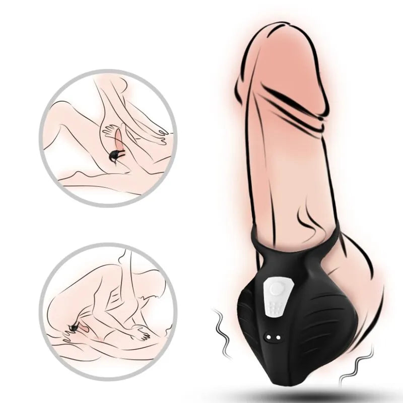 Anneau pénien vibrant noir en silicone, neuf modes, stimulation scrotum, ergonomique, rechargeable, étanche.
