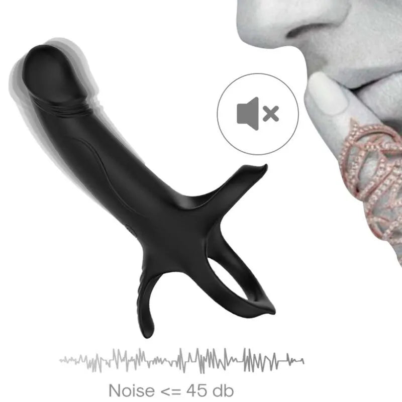 Anneau vibrant noir en silicone médical, étanche, rechargeable, avec 9 modes de vibration, design ergonomique.