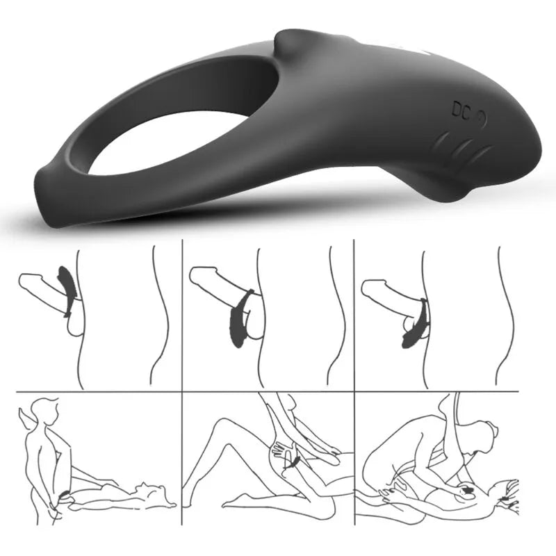 Anneau vibrant noir en silicone médical, forme ergonomique, rechargeable, avec illustrations d'utilisation.
