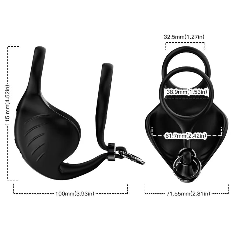 Anneau pénien vibrant noir en silicone médical, 9 modes, rechargeable, ergonomique, étanche, dimensions détaillées.