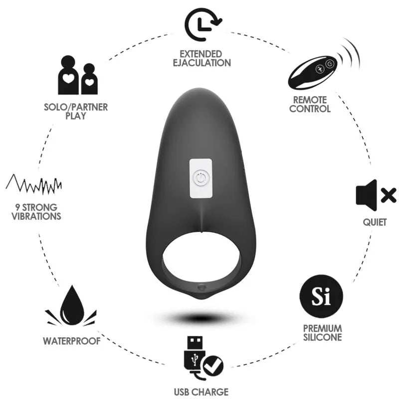 Anneau vibrant noir en silicone médical, étanche, rechargeable, avec 9 modes de vibration et texture douce pour plaisir ci...