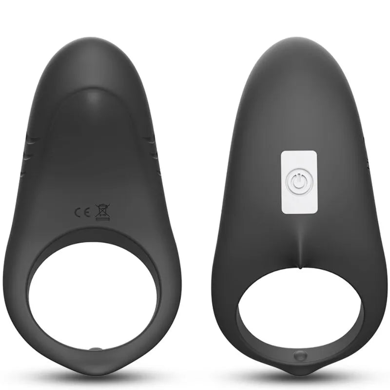 Anneau vibrant noir en silicone médical, rechargeable, avec bouton d'alimentation, texture douce et design ergonomique.