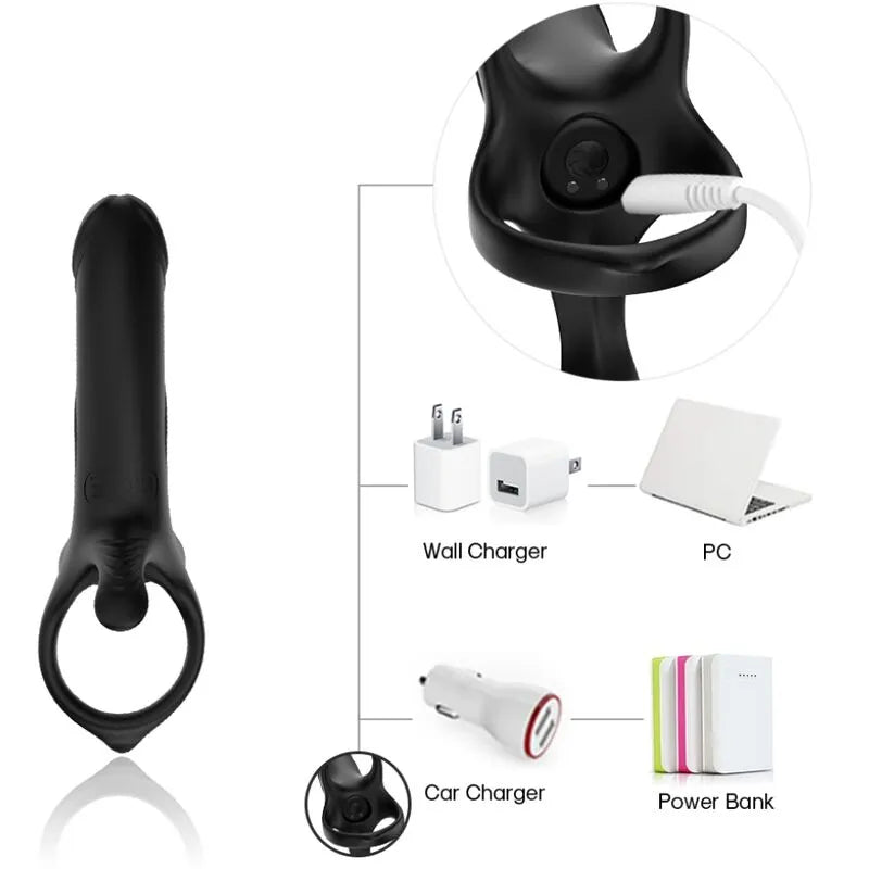 Anneau vibrant noir en silicone médical, rechargeable USB, avec 9 modes de vibration, étanche et ergonomique.
