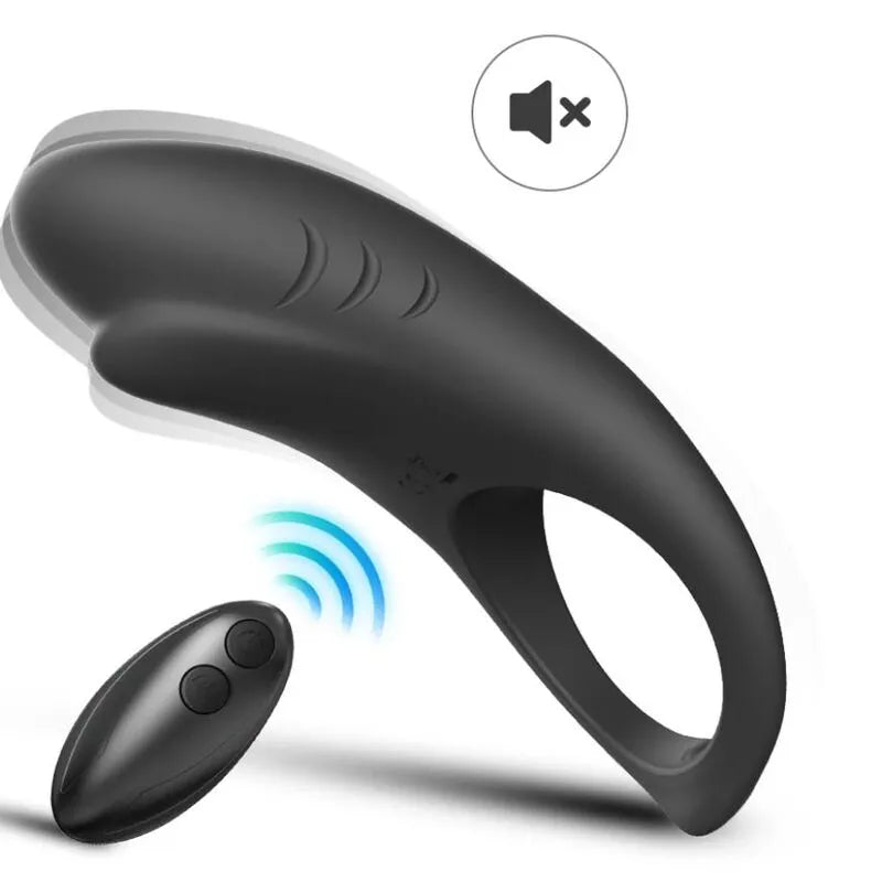 Anneau vibrant noir en silicone médical, forme ergonomique, avec télécommande, 9 modes, rechargeable et étanche.