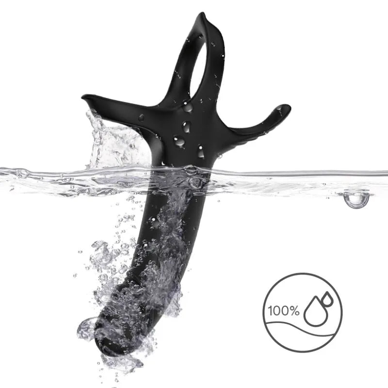 Anneau vibrant noir en silicone étanche, design ergonomique, neuf modes de vibration, immergé dans l'eau.