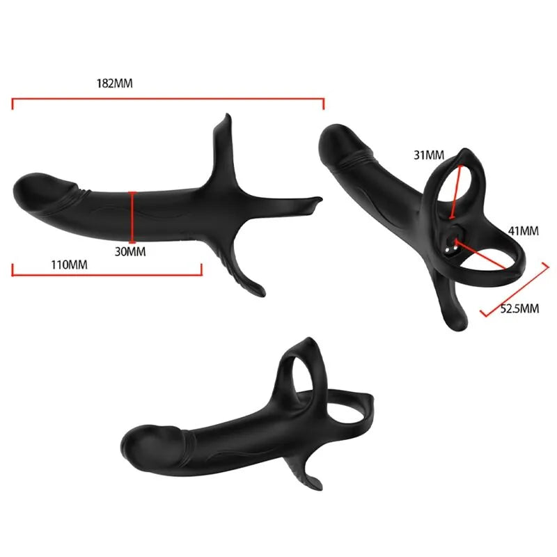 Anneau vibrant noir en silicone médical, forme ergonomique, dimensions indiquées, rechargeable, neuf modes de vibration.