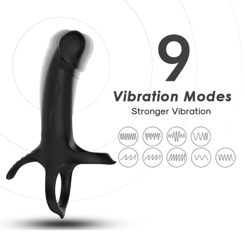 Anneau vibrant noir en silicone médical, design ergonomique, 9 modes de vibration, rechargeable, étanche, hypoallergénique.