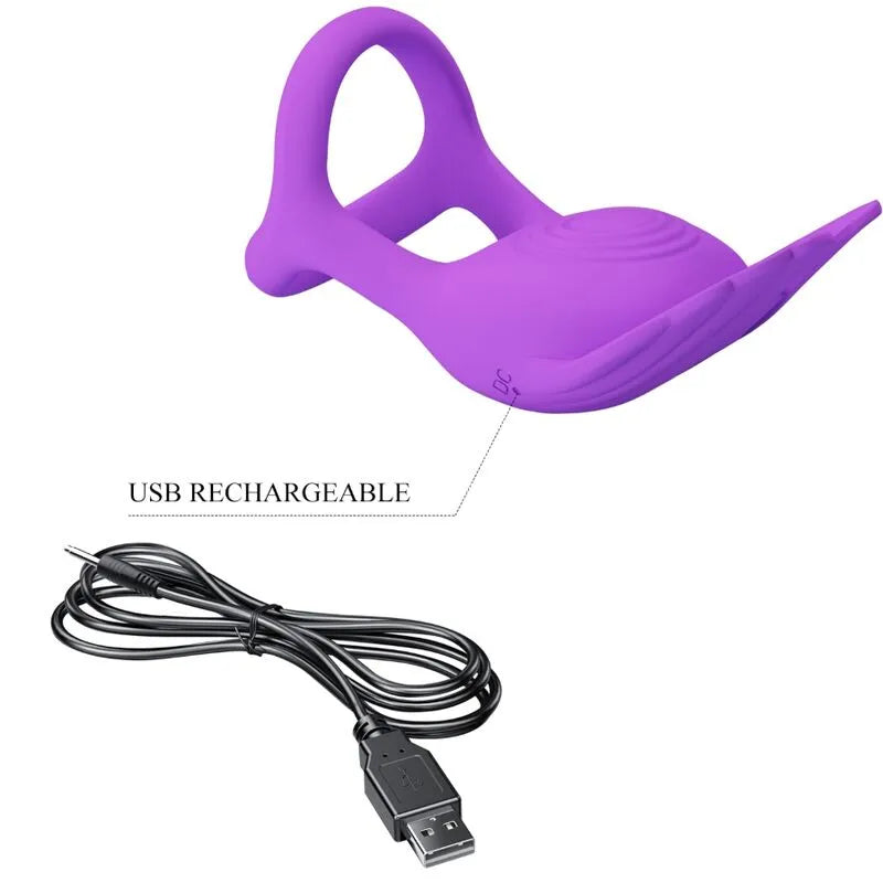 Anneau pénien vibrant violet en silicone, 7 modes, ergonomique, avec câble USB pour recharge, stimulation clitoridienne.