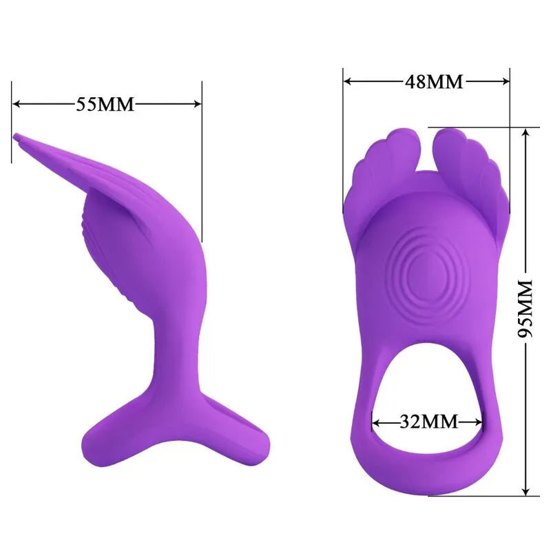 Anneau pénien vibrant violet en silicone, 7 modes, ergonomique, compact, rechargeable, stimulation clitoridienne.