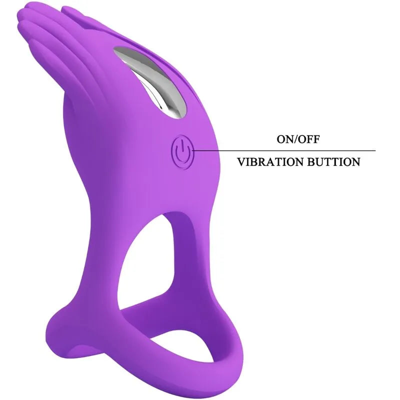 Anneau pénien vibrant violet en silicone, ergonomique, avec bouton de vibration, 7 modes pour stimulation clitoridienne.