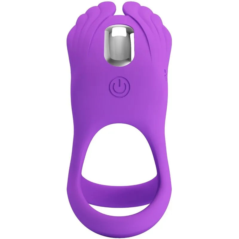 Anneau pénien vibrant violet en silicone, forme ergonomique, 7 modes, stimulation clitoridienne, rechargeable et discret.