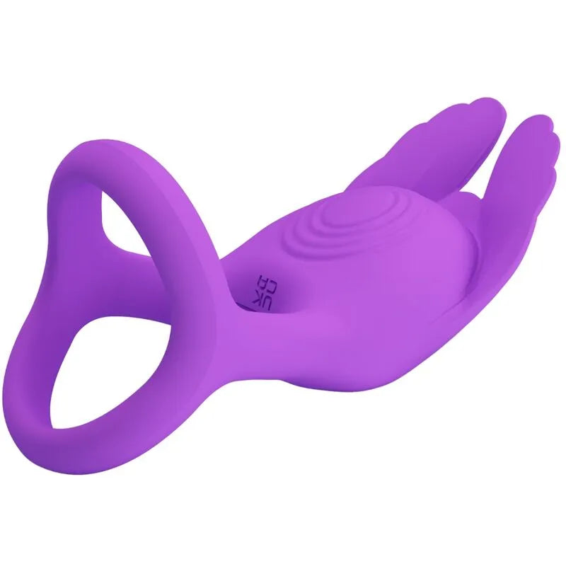 Anneau pénien vibrant violet en silicone, forme ergonomique, 7 modes, stimulation clitoridienne, rechargeable.