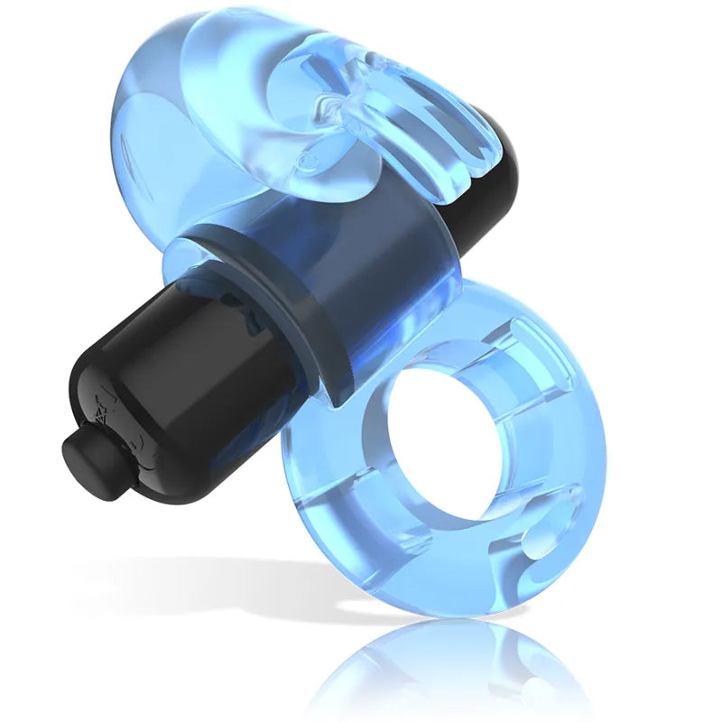 Anneau pénien vibrant bleu transparent forme lapin, étanche, adaptable, avec stimulateur clitoridien et moteur noir.