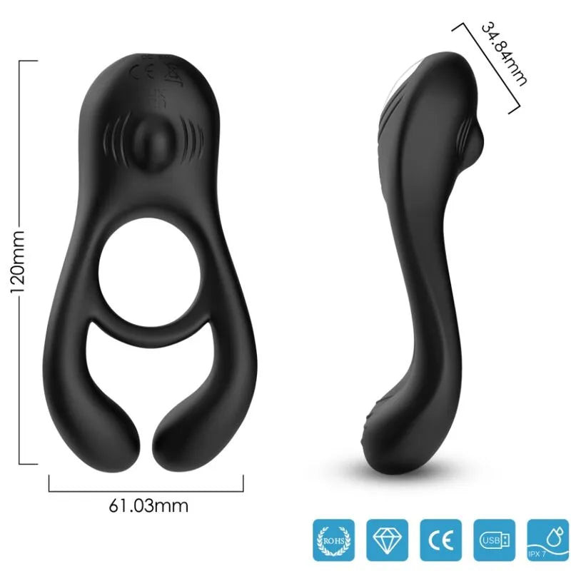 Anneau pénien vibrant noir, silicone médical, étanche, rechargeable, neuf modes, ergonomique, compact, hypoallergénique.