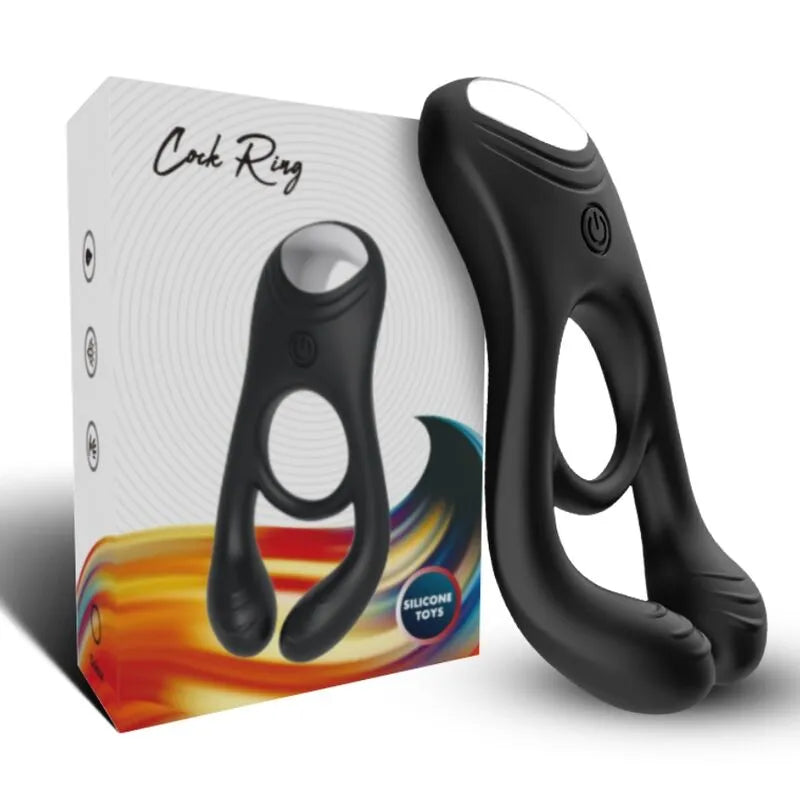 Anneau pénien vibrant noir en silicone médical avec neuf modes, étanche, ergonomique, rechargeable, présenté en boîte.