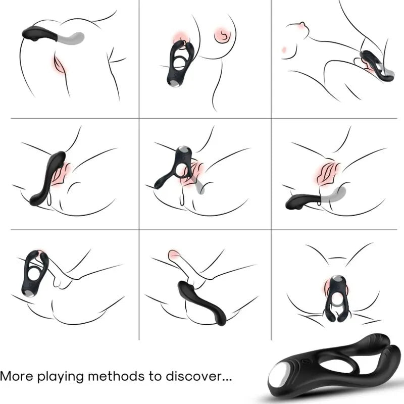 Anneau pénien vibrant noir en silicone, triple moteurs, modes variés, ergonomique, étanche, rechargeable, usage intime.