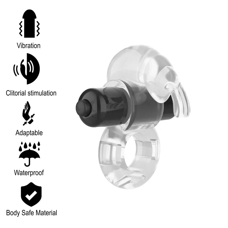 Anneau pénien vibrant transparent, stimulation clitoridienne, ergonomique, étanche IPX7, vibrations puissantes, ajustable.