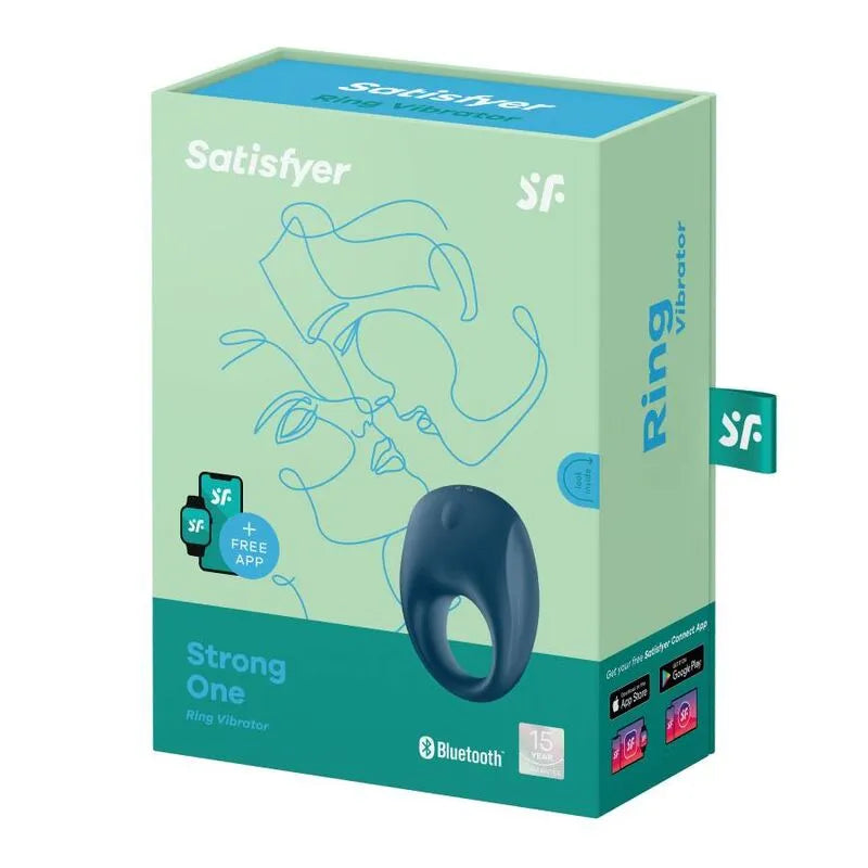 Anneau pénien vibratoire bleu en silicone, étanche, rechargeable USB, contrôlable via application, dans son emballage.