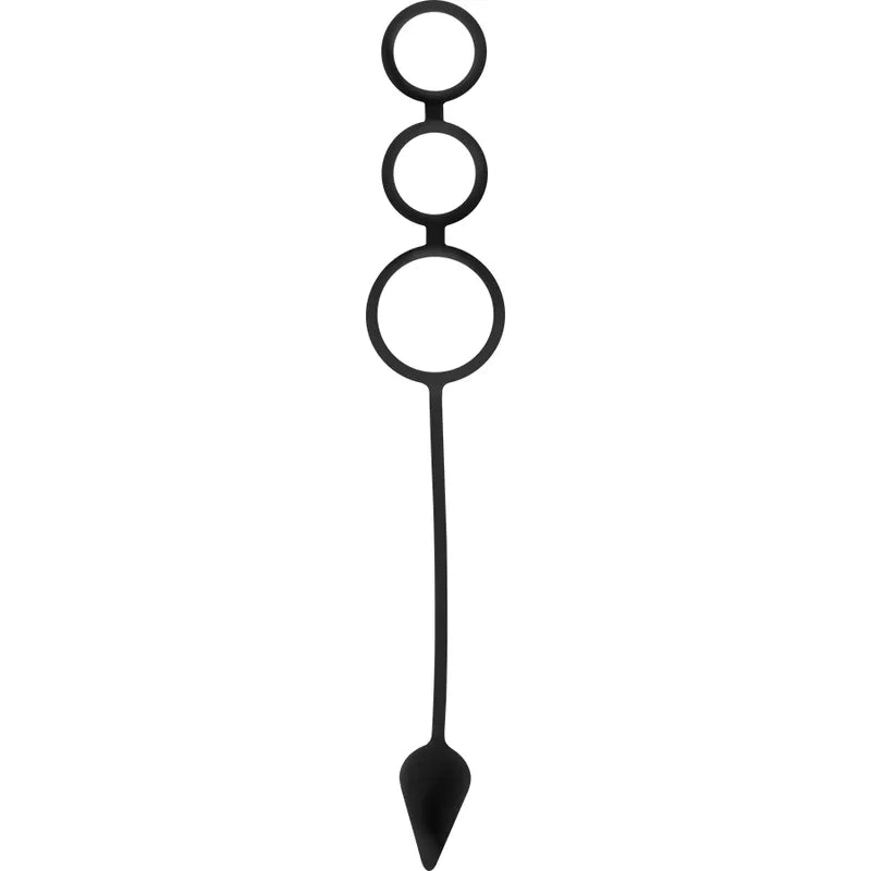 Anneau pénien noir silicone avec plug anal intégré, design ergonomique pour confort et stimulation, hypoallergénique.
