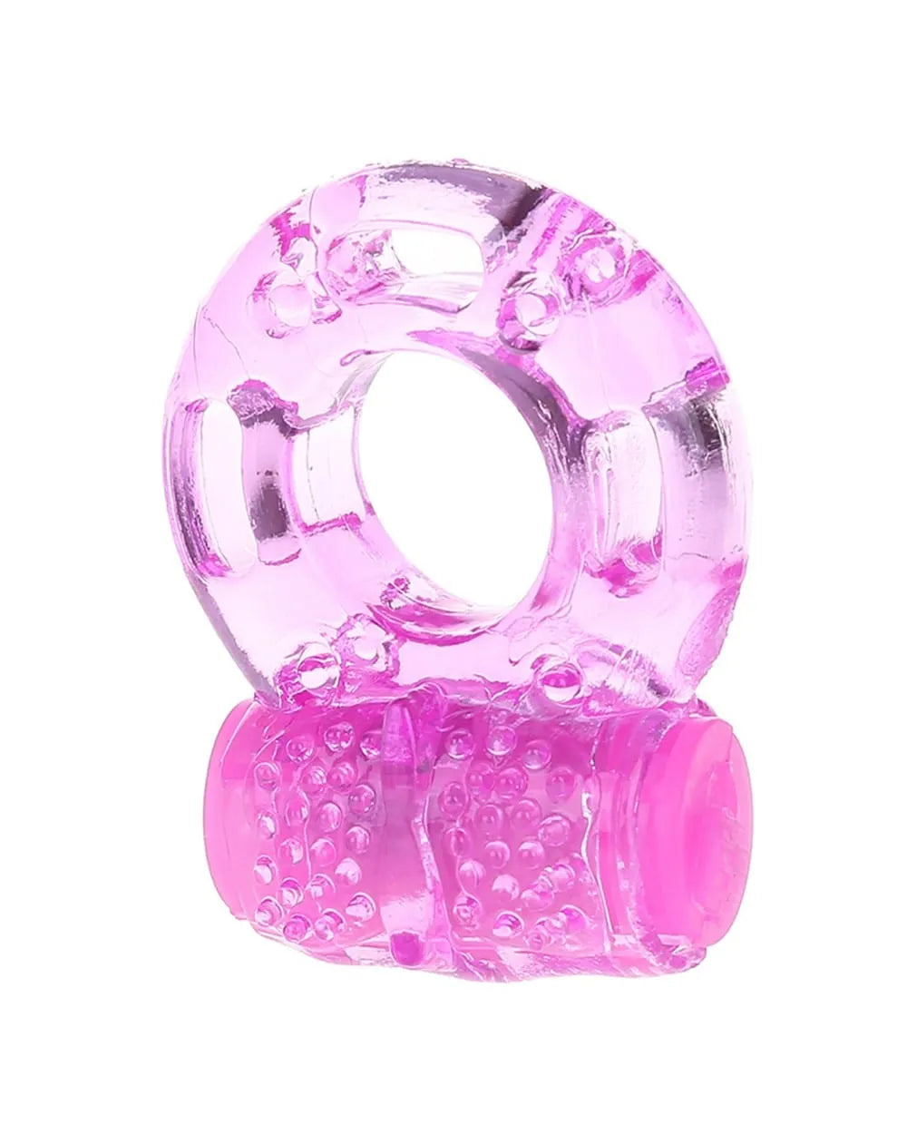 Anneau pénien vibrant rose transparent en TPR, extensible, stimulation érection, compact, piles LR41, plaisir prolongé.