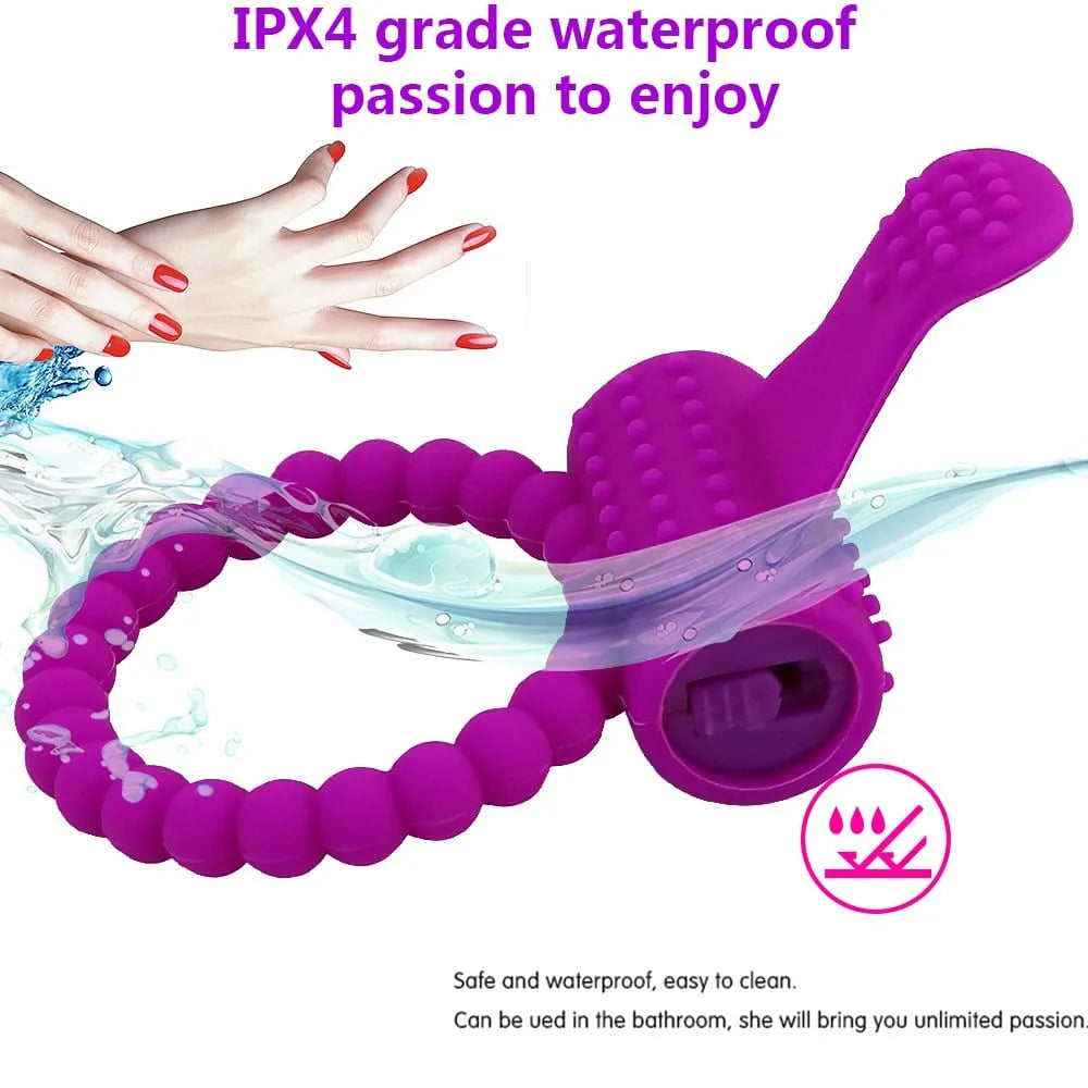 Anneau pénien vibrant violet en silicone avec picots, moteur intégré, piles incluses, pour stimulation clitoridienne.