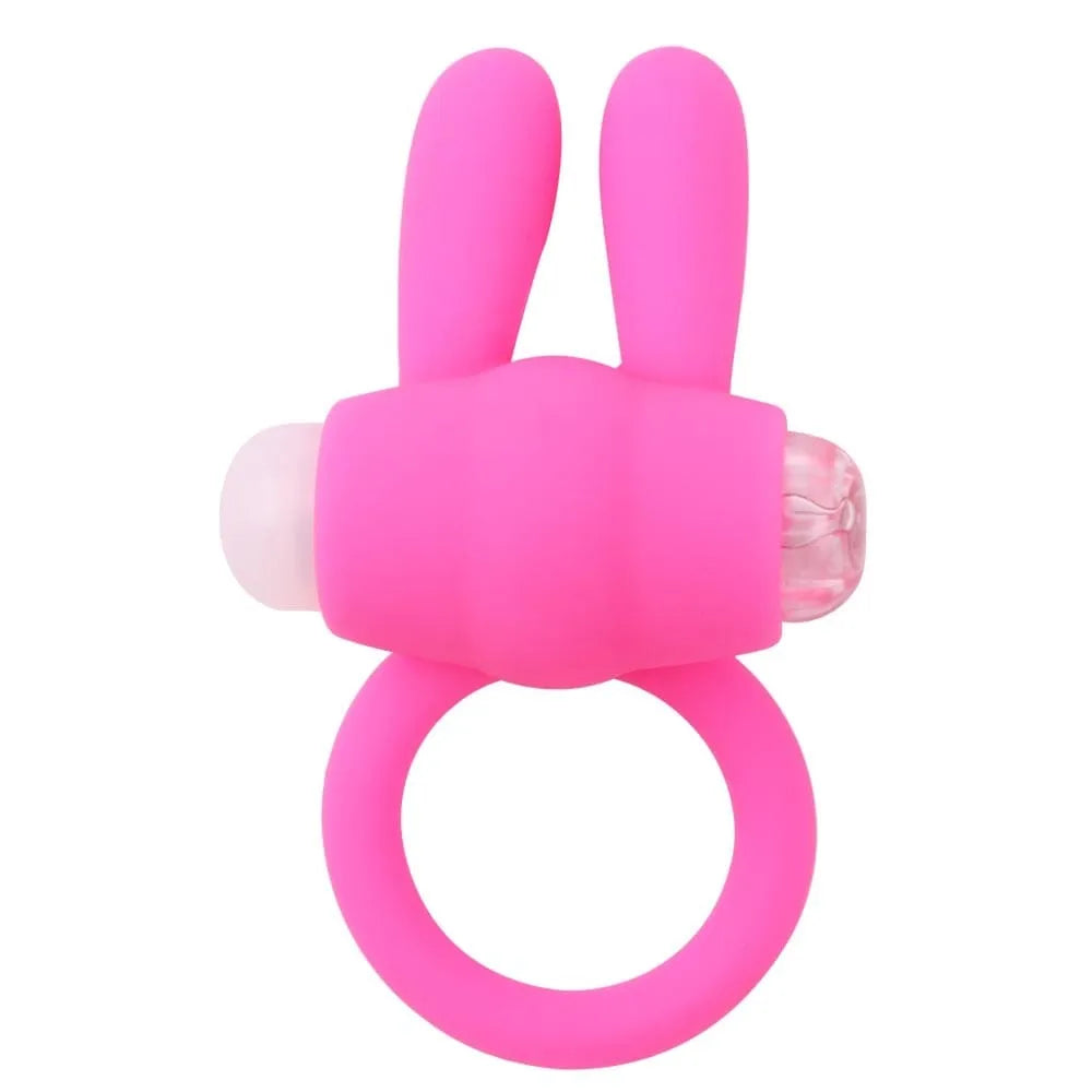 Anneau pénien rose silicone oreilles lapin, picots stimulants, vibrations, étanche, piles incluses, confort et plaisir.