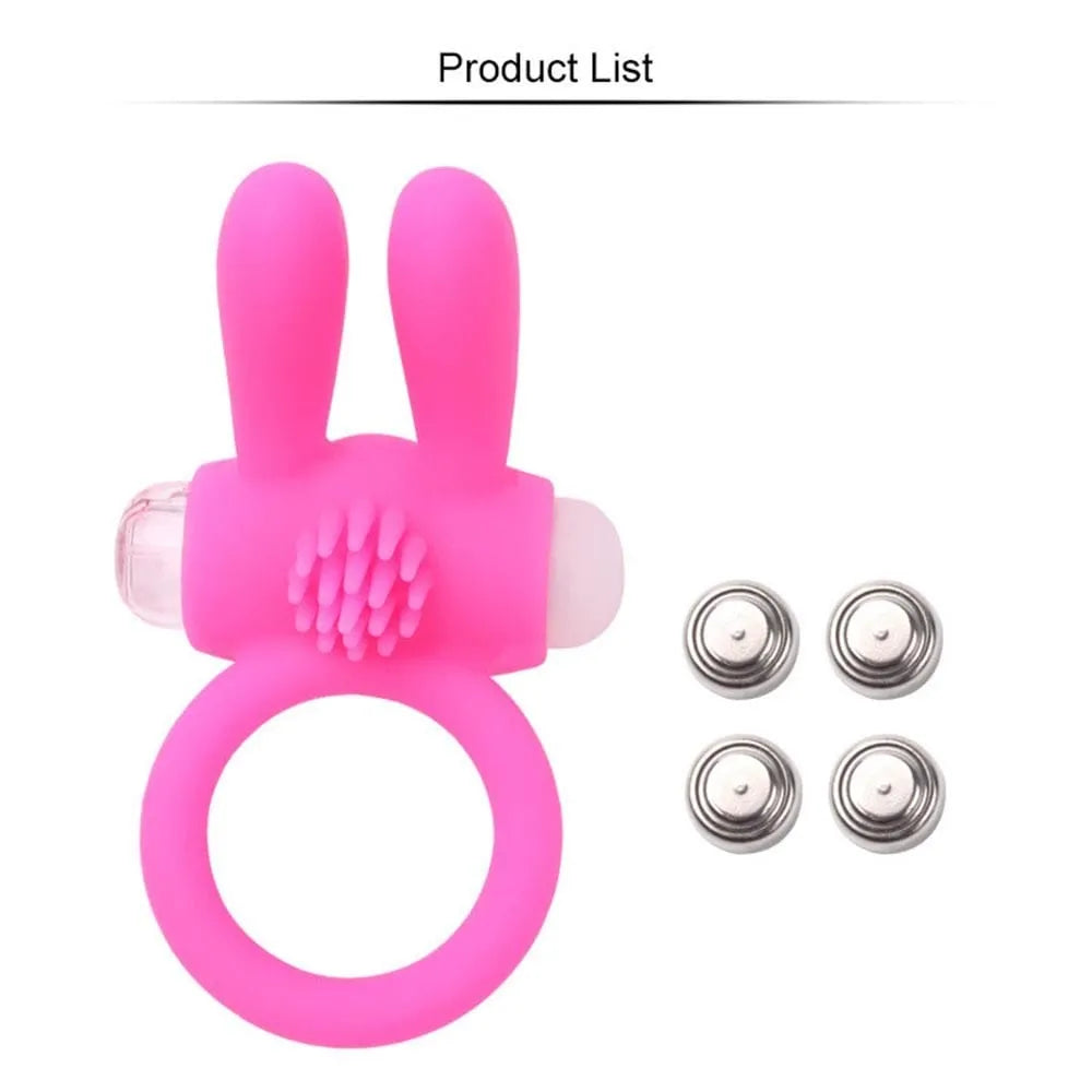 Anneau pénien rose silicone oreilles lapin picots vibrants, étanche, piles LR41 incluses, stimulation clitoridienne.