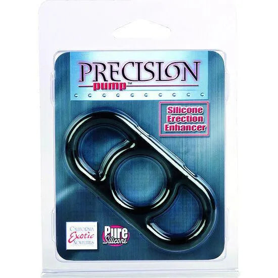 Anneau rehausseur d'érection en silicone noir, forme ovale, trois cercles, emballage transparent, pour pompe à érection.