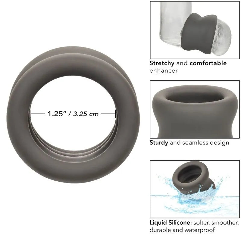 Anneau scrotum silicone gris, forme sablier, ultra-élastique, doux, imperméable, soutien érection, confort intime.