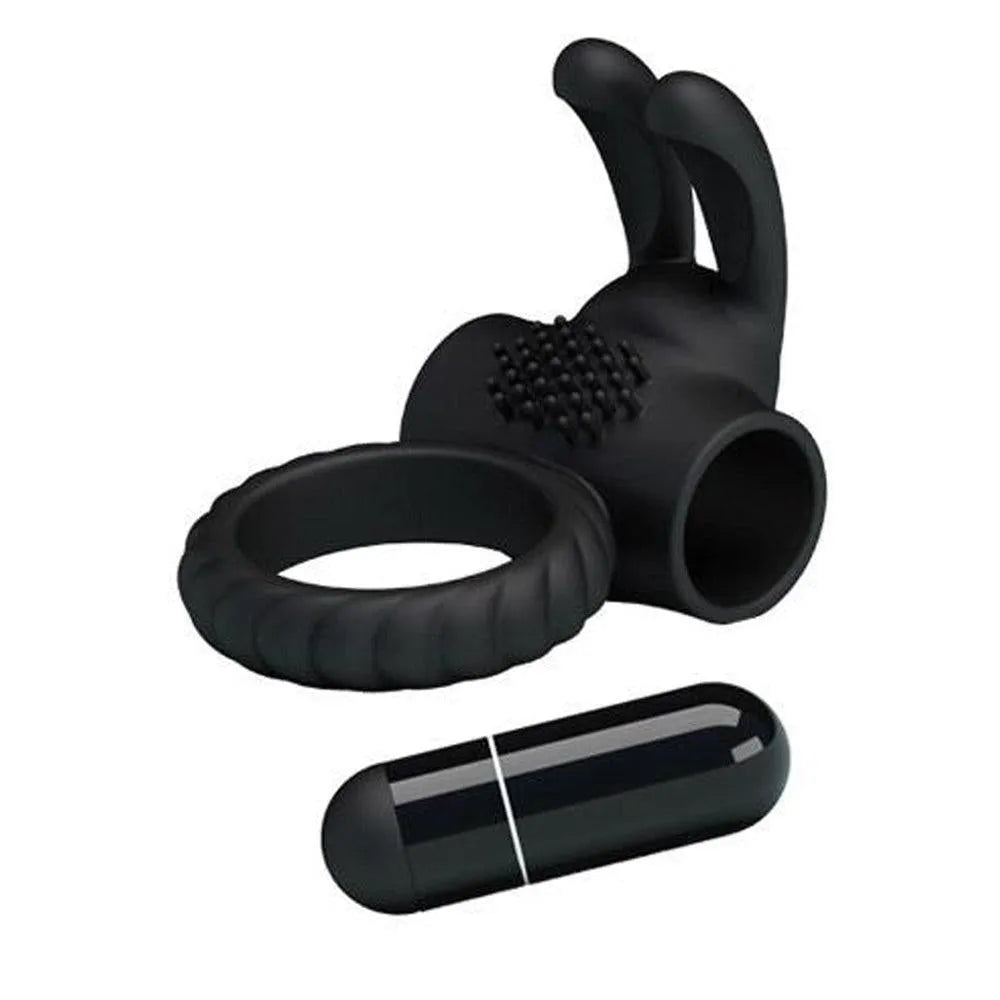 Anneau pénis silicone noir vibrant avec œuf détachable, deux languettes stimulantes, hypoallergénique et étanche.