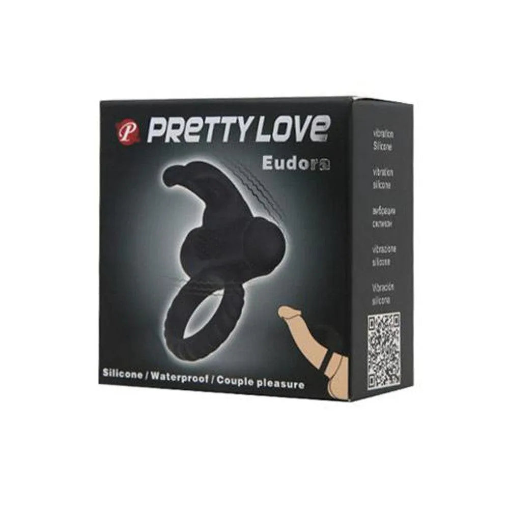 Anneau vibrant en silicone noir avec œuf détachable, stimulation partagée, sur boîte Pretty Love Eudora.