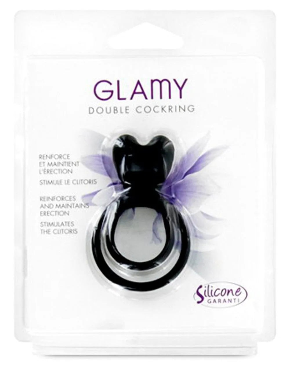 Anneau pénis noir silicone, double circonférence, oreilles stimulantes, ergonomique, diamètre 3 cm, sans phtalates.