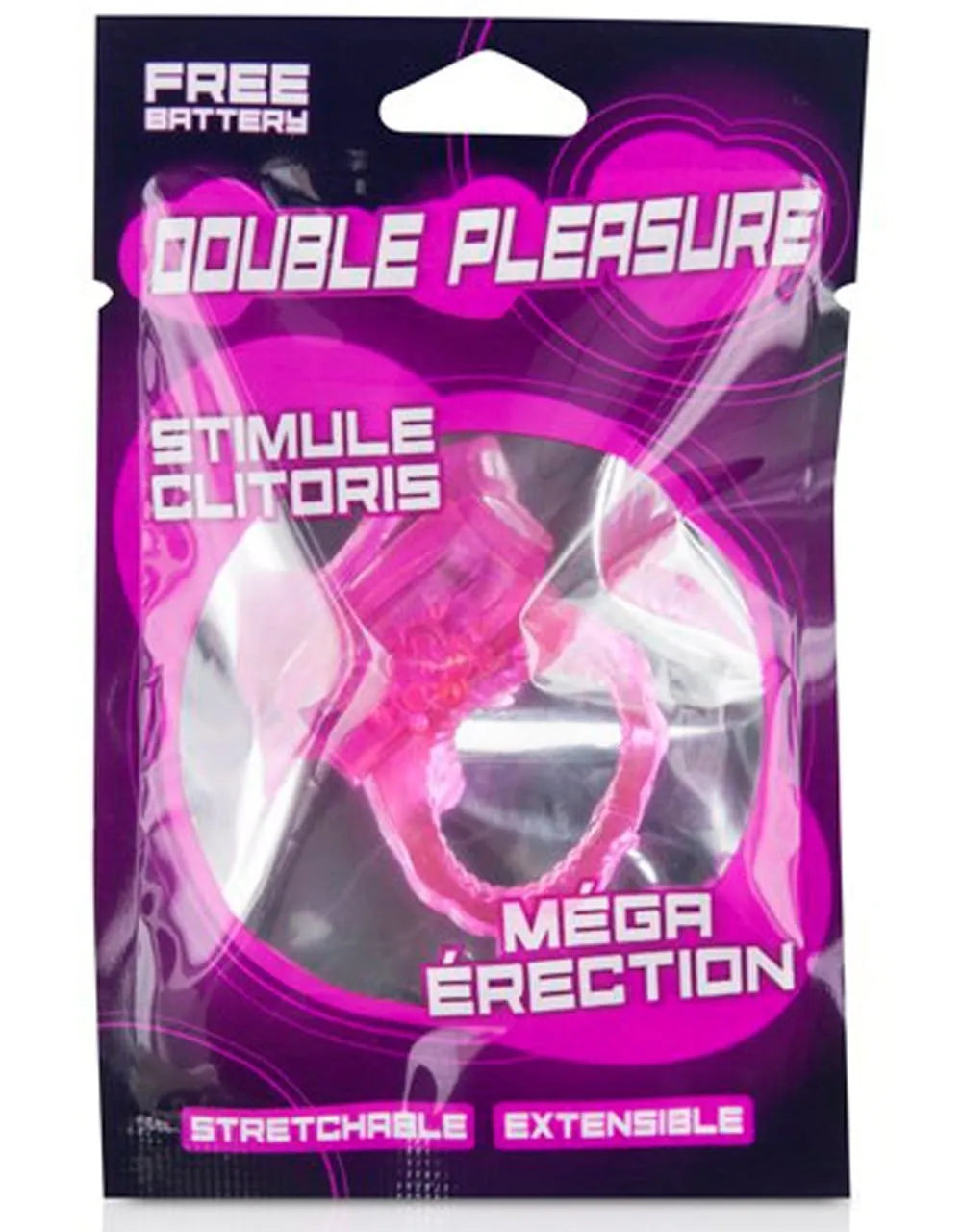 Anneau vibrant pénien rose extensible, stimulation clitoridienne, vibrations intenses, érection prolongée, emballage.