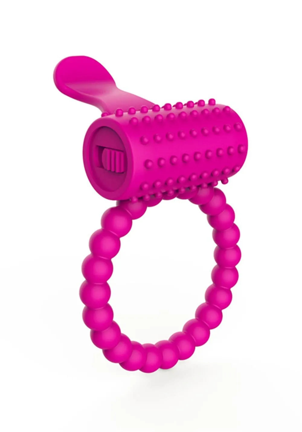 Anneau vibrant pénien fuchsia avec picots en silicone, moteur puissant, langue stimulante, hypoallergénique et extensible.