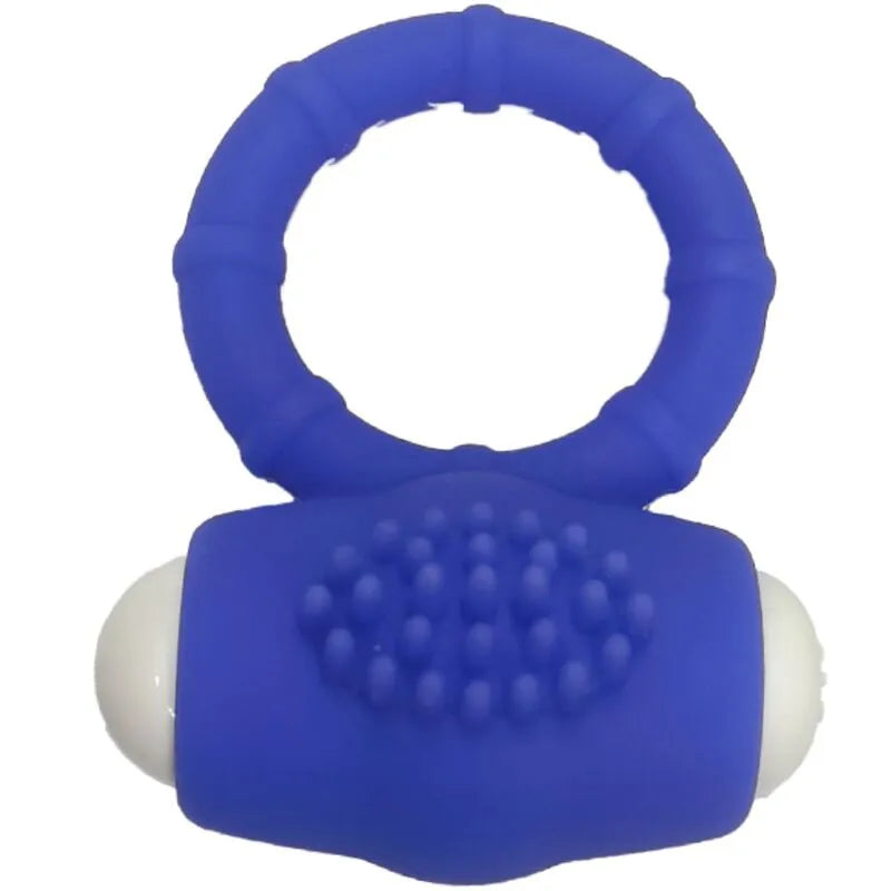Anneau vibrant bleu en silicone médical, étanche, ergonomique, avec surface texturée pour stimulation intime.