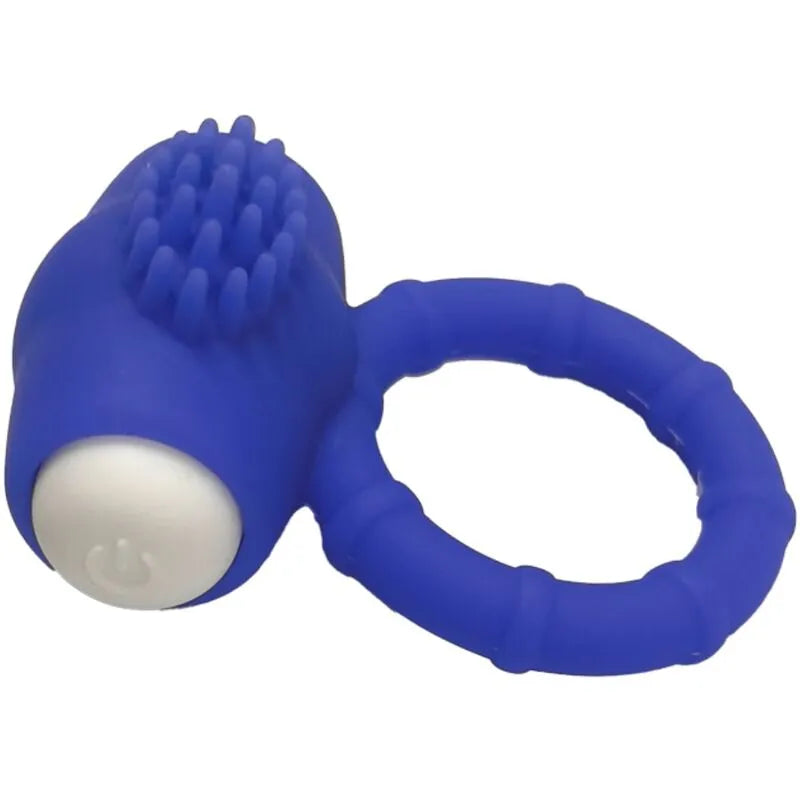 Anneau vibrant bleu en silicone médical étanche, ergonomique, avec surface texturée et bouton blanc, pour moments intimes.